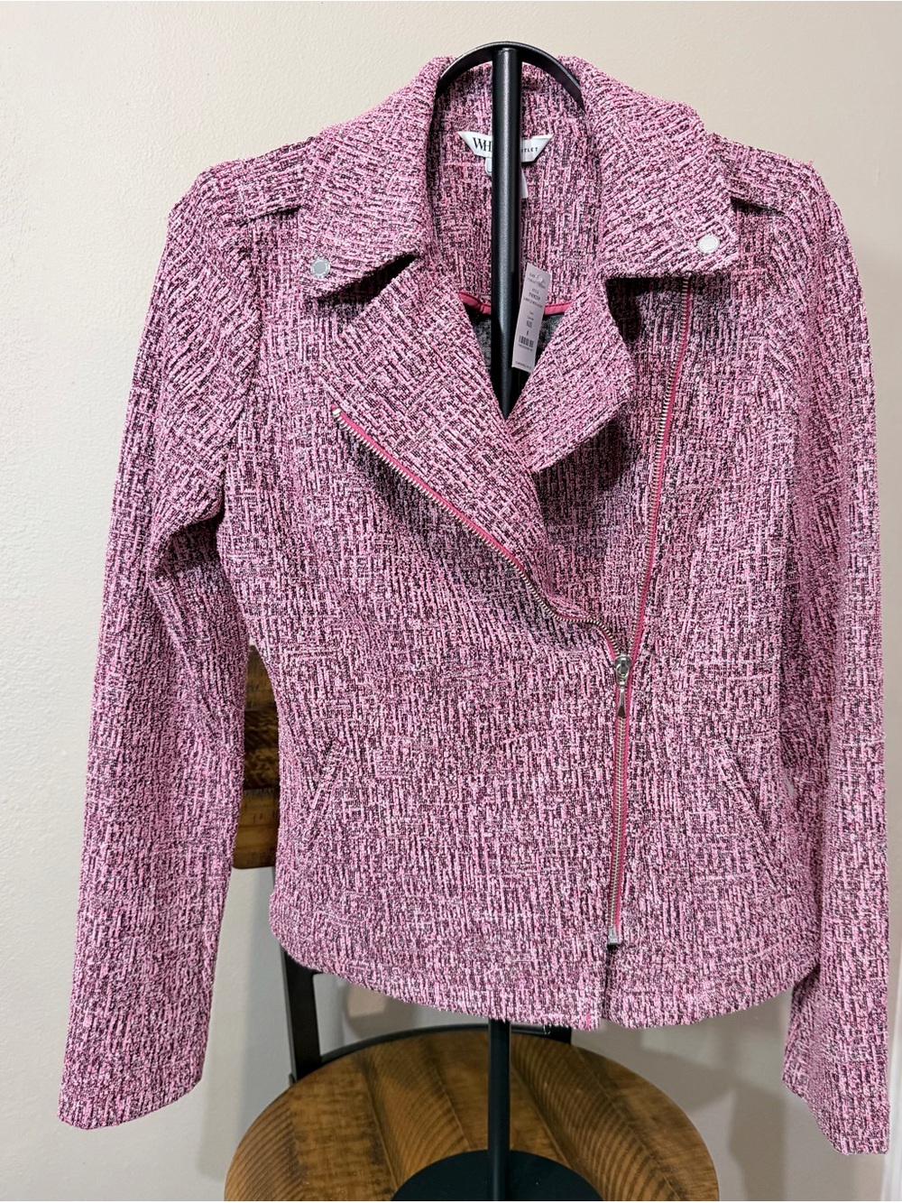 NWT WHBM Outlet Women's Pink/Black Moto Jacket Asym Zip Long Sleeve Pockets 8